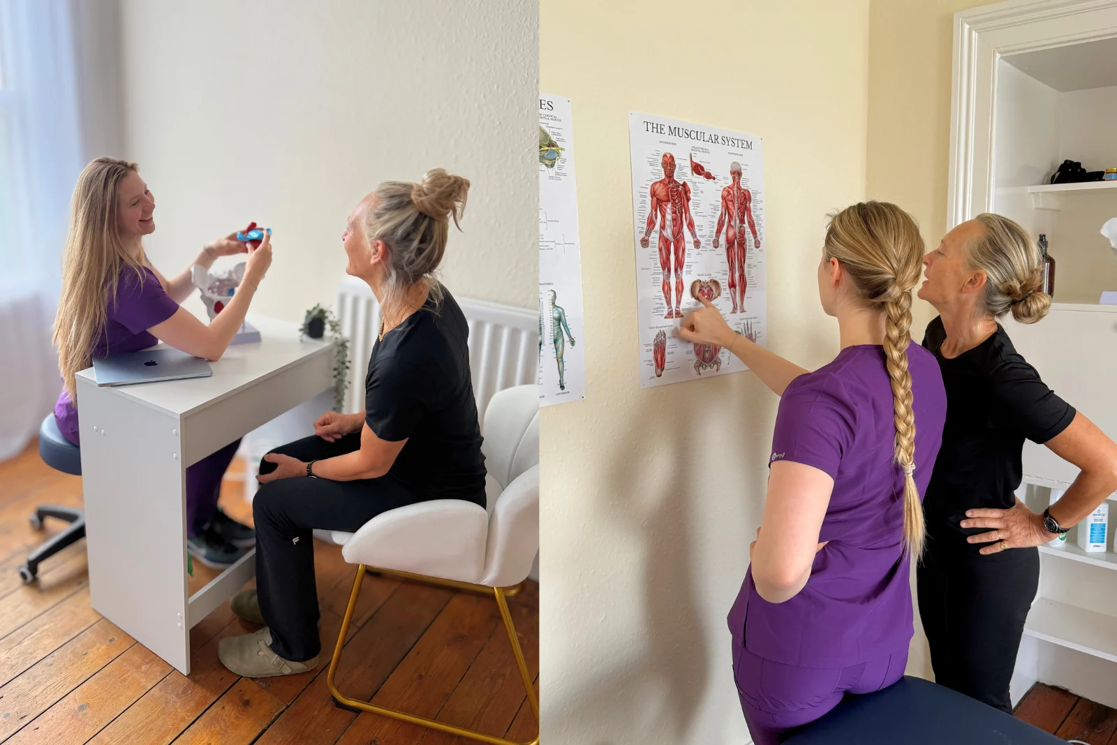 Garance explaining movement during a women’s physiotherapy appointment