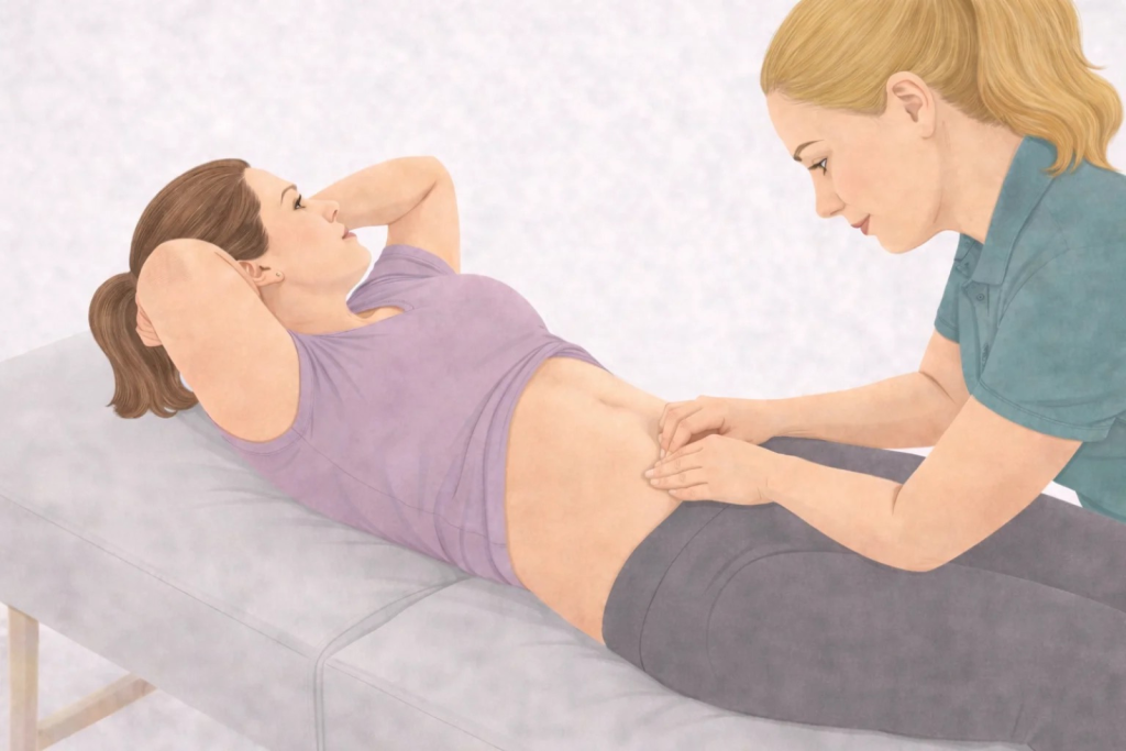Physiotherapist palpating abdominal midline while patient performs a bent-knee crunch to assess diastasis recti.