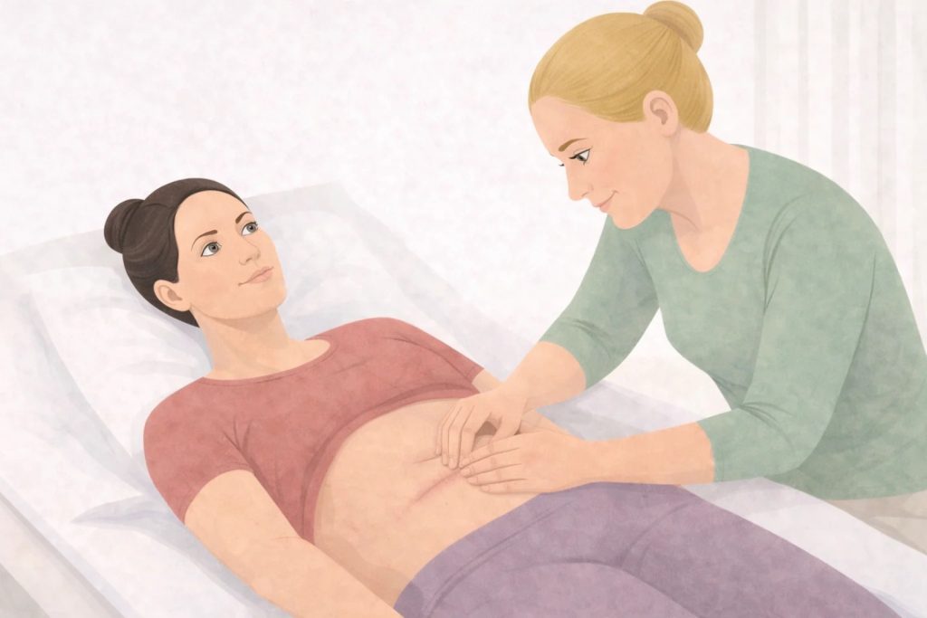 Practitioner gently assessing a woman’s abdomen while she lies comfortably on a treatment bed.