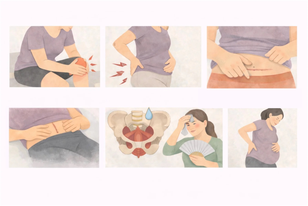 Overview of common women’s health conditions including pelvic pain, scar recovery, menopause symptoms and pregnancy back pain.