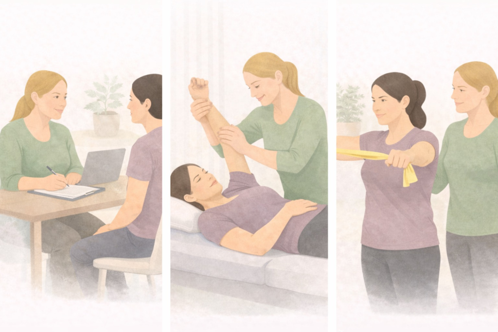 Consultation, hands-on assessment, and guided exercise as part of personalised women’s health support.