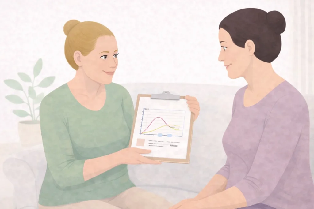 Practitioner and client sitting together reviewing progress and discussing wellbeing using a simple chart.