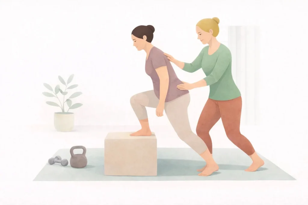 Woman performing guided rehabilitation exercises with support from a women’s health practitioner