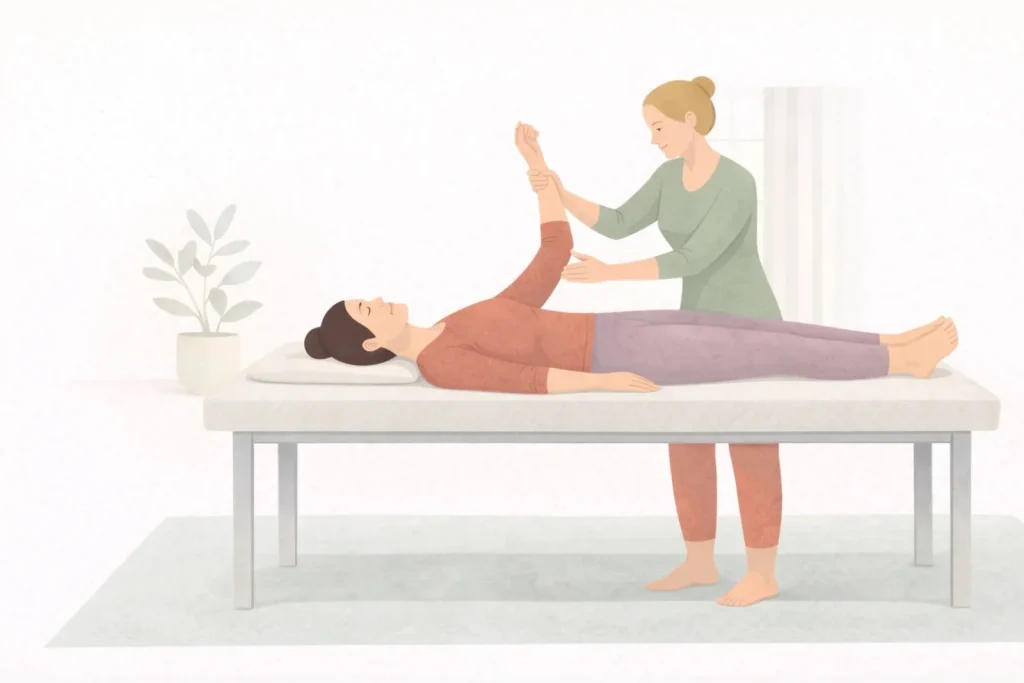 Women’s health practitioner assessing shoulder range of motion for musculoskeletal pain support