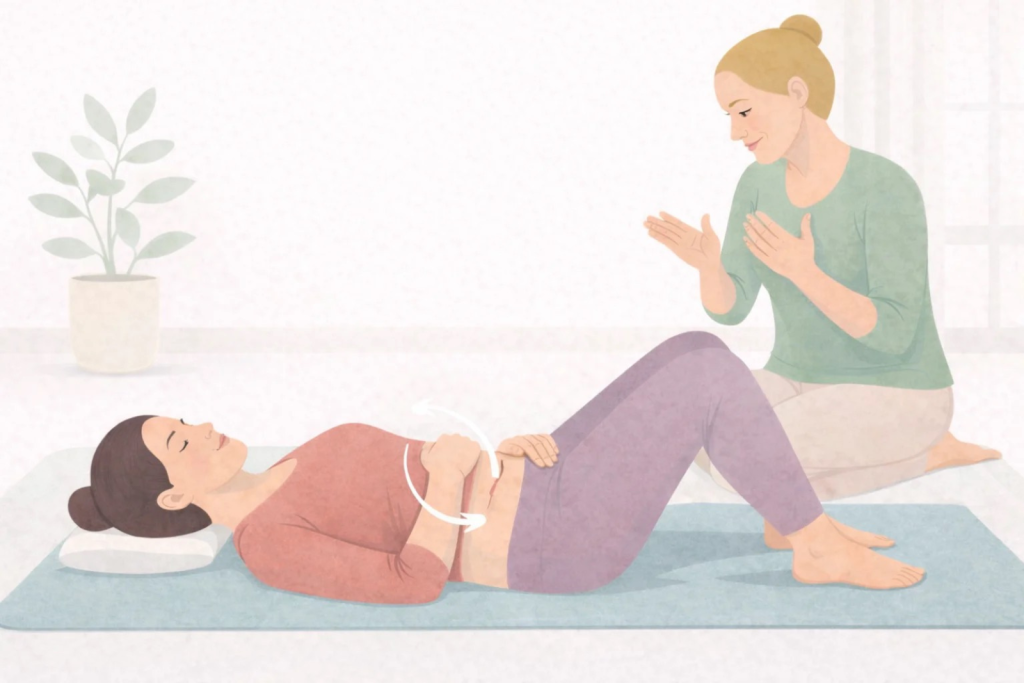 Woman lying on a mat practising guided breathing and pelvic floor awareness with practitioner support.