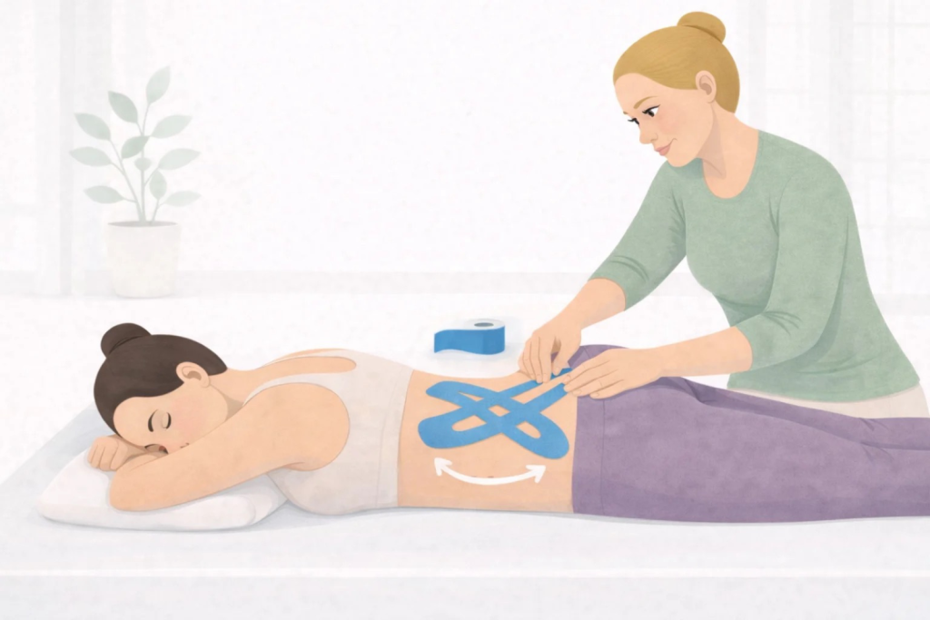 Patient lying face down, having Kinesio tape applied to lower back by practitioner.