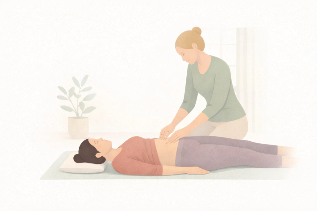 Postnatal woman supported by a practitioner during gentle recovery movement after childbirth