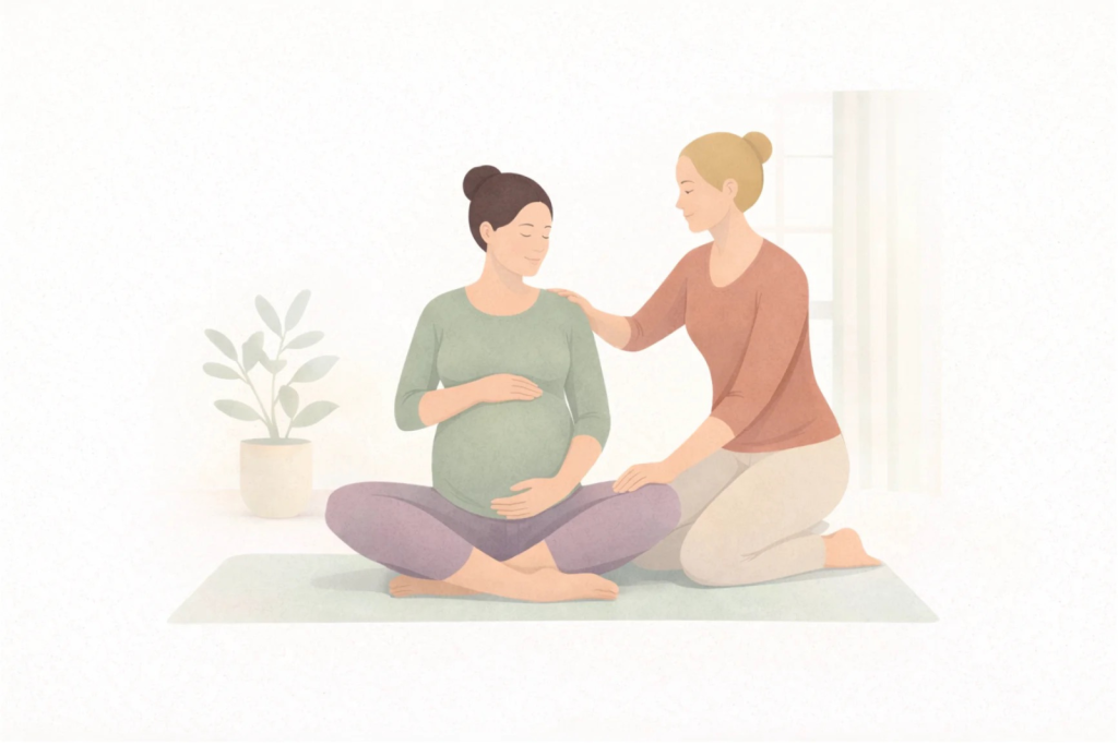 Pregnant woman receiving gentle movement support from a women’s health practitioner