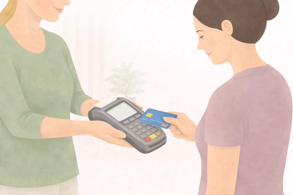 Client making card payment after a women’s health consultation.