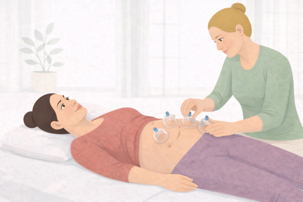 Illustration of a practitioner using suction cups on the abdomen to support scar tissue mobility.”