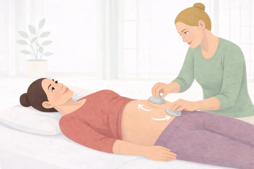 Hands-on scar therapy showing gentle circular movements over the abdomen to improve tissue movement