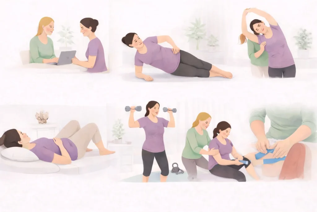 Overview of women’s health services including postnatal recovery, pregnancy support, pelvic health, and rehabilitation therapy.