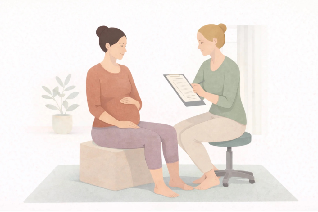 Blonde healthcare practitioner seated on a stool taking notes during an initial consultation with a woman sitting on an examination table in a calm clinic room, with pelvic anatomy models and soft, neutral décor in the background.