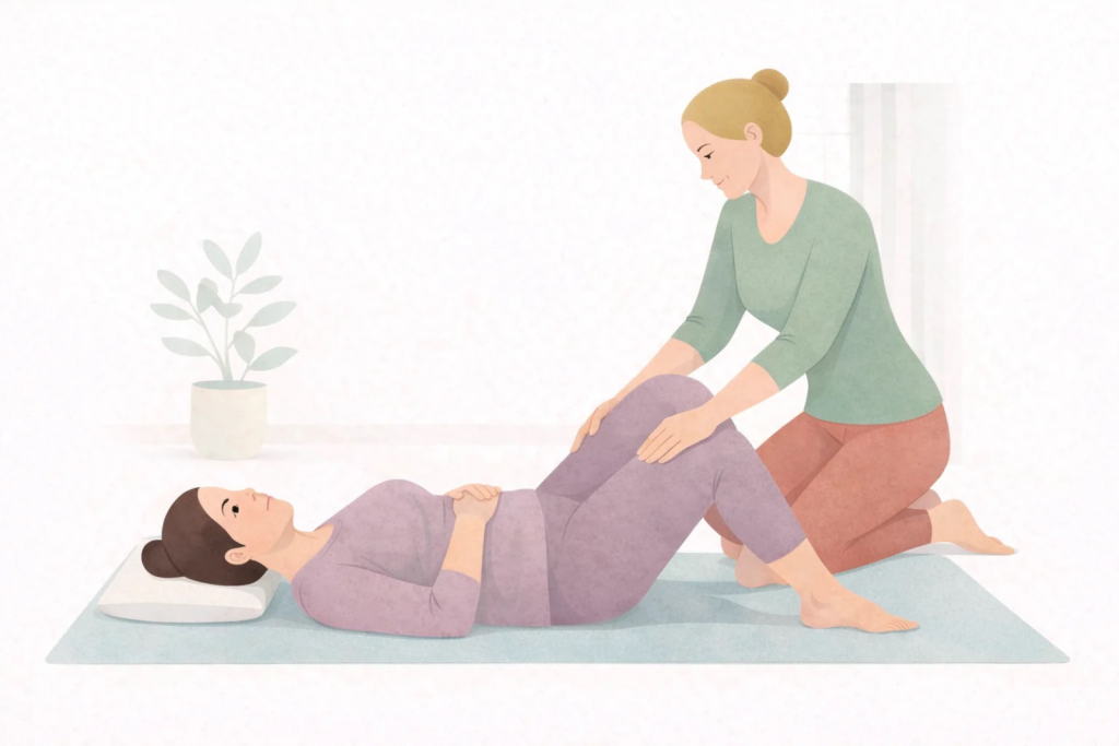 Woman receiving pelvic floor health support through guided movement and education