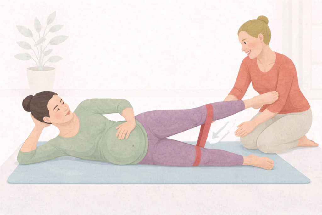 Side-lying exercise using a resistance band to support hip and pelvic strength during pregnancy.